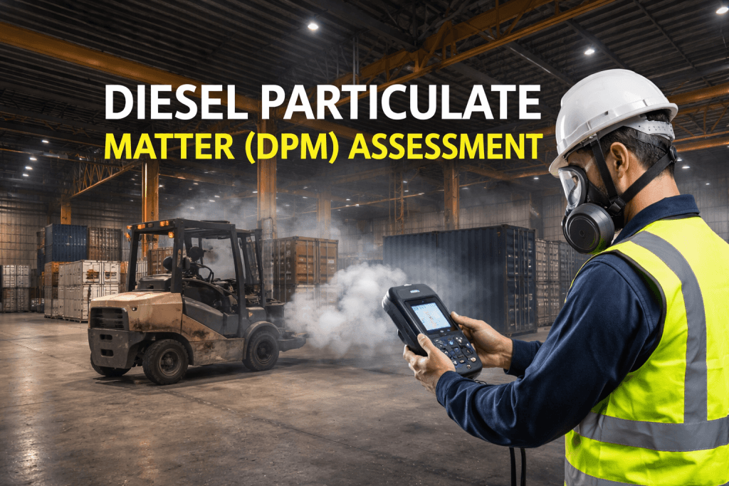 Realistic photo of a modern Australian warehouse loading dock with a diesel‑powered forklift manoeuvring a pallet near the dock, a faint exhaust plume in the air and a semi‑truck trailer docked in the background. Workers in high‑visibility vests supervise loading operations in an industrial but clean environment with yellow safety lines and pallet racking. The scene reflects the type of setting where Occupational Hygiene & OHS Solutions Pty Ltd provides diesel particulate matter (DPM) assessment, monitoring and testing services to manage workplace diesel exhaust exposure in NSW and Victoria.