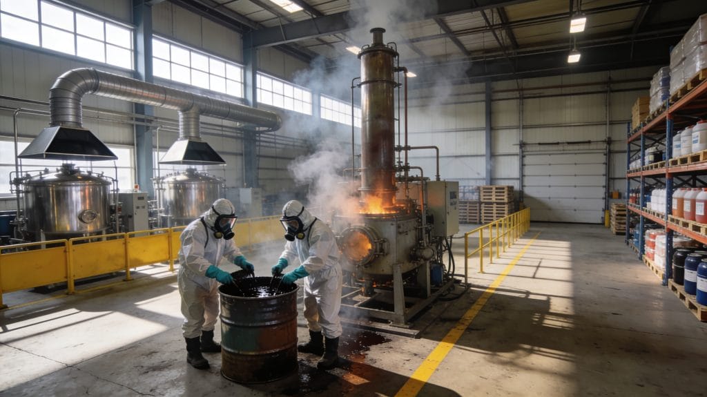 Workers in full Tychem chemical suits, full-face respirators and heavy gloves handle dark oily materials from 200L drums near a steaming distillation unit in a modern industrial warehouse. Stainless steel reactors, industrial fume extraction hoods and yellow safety barriers surround the high-risk poly aromatic hydrocarbons (PAH) processing area. Pallet racking stores chemical containers while concrete floors show yellow hazard lines. Natural daylight streams through high warehouse windows, illuminating steam haze from PAH volatilisation during manufacturing. The controlled environment represents typical Occupational Hygiene & OHS Solutions Pty Ltd PAH assessment locations across NSW manufacturing facilities. (see the generated image above)